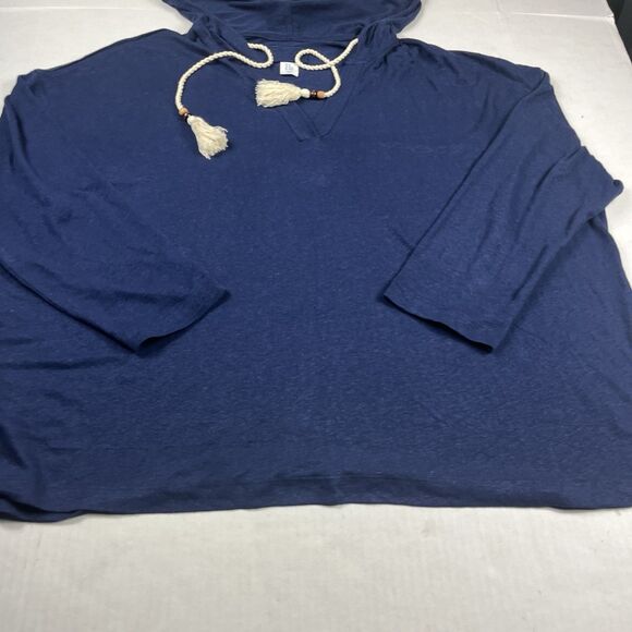 Sigrid Olsen Linen Blend Hooded Top Blue Tassel Drawstring Coastal Boho Shirt 2X - Picture 2 of 10